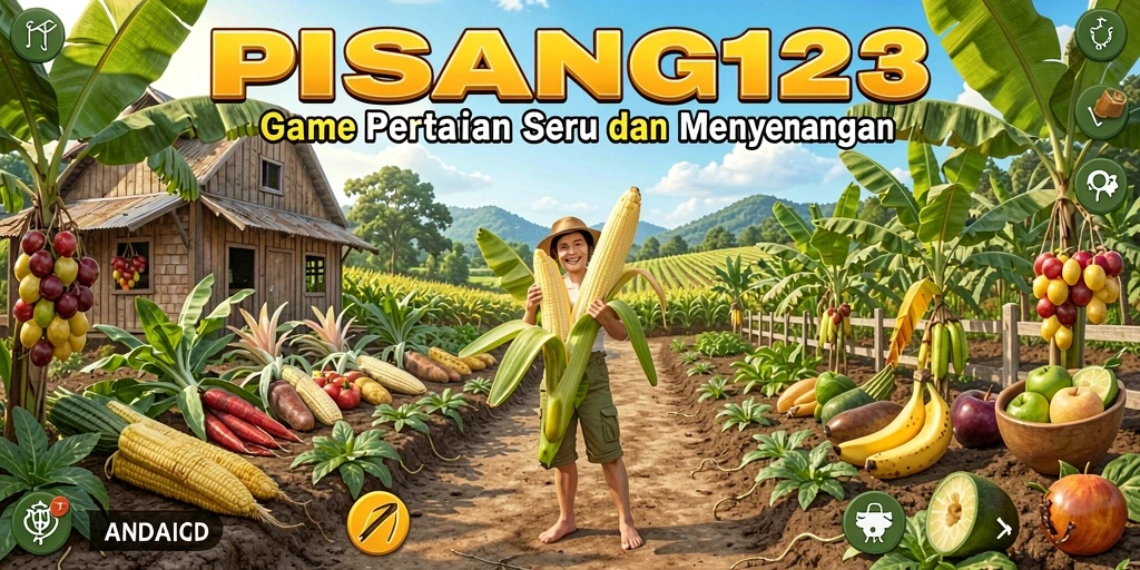 Tangkapan layar utama PISANG123 menampilkan aktivitas bercocok tanam yang seru.