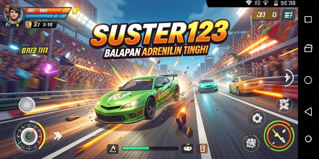 Tangkapan layar menunjukkan aksi balap seru di SUSTER123.